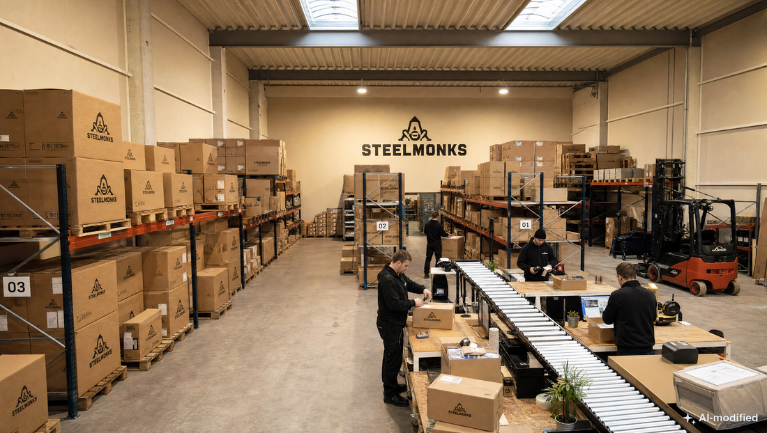 Versandhalle eines mittelständischen Onlinehändlers (Bild KI-generiert)